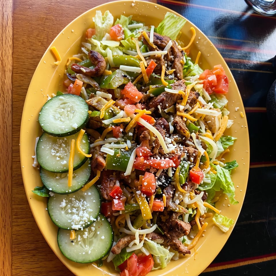 Grilled beef salad with lettuce, cucumbers, tomatoes, peppers, onions, shredded cheese, and crumbled cheese on a yellow plate.