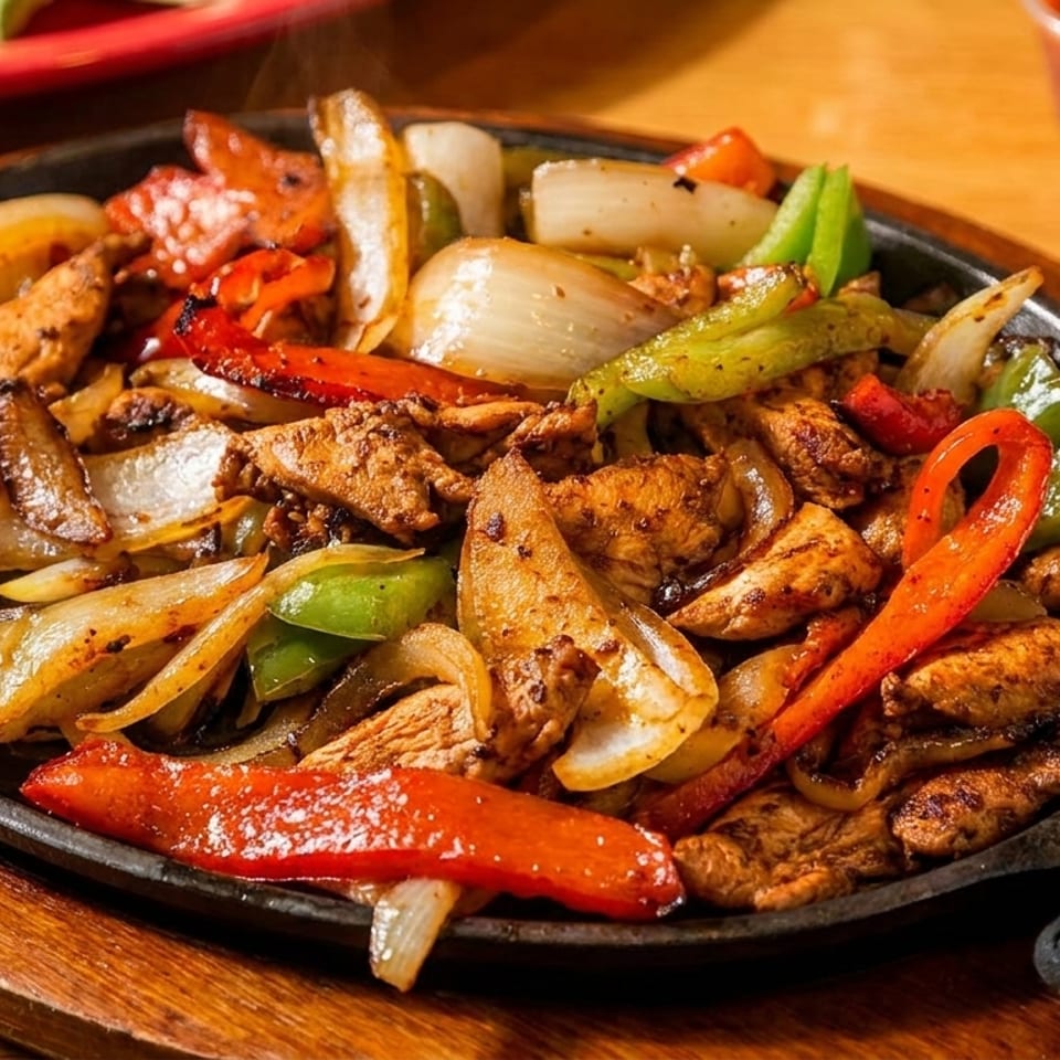Sizzling chicken fajitas with colorful bell peppers and onions on a cast iron skillet.