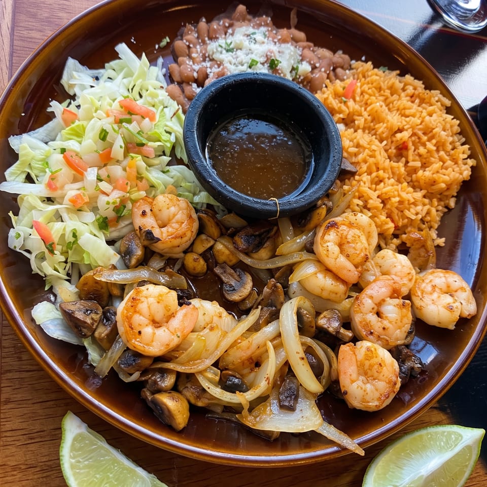 Platter of sautéed shrimp with mushrooms and onions, Mexican rice, beans, salad, dipping sauce, and lime wedges.